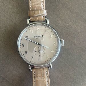 Shinola watch with beige leather band